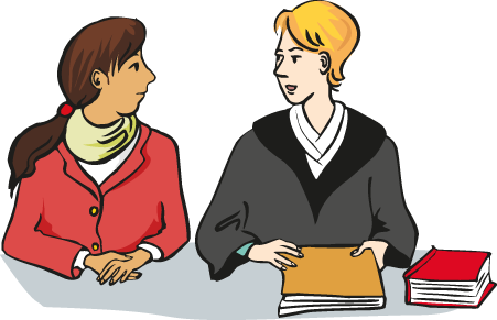 Die Frau im schwarzen Mantel, hat Recht studiert. Sie sitzt mit ihrer Kundin im Gerichts-Saal.