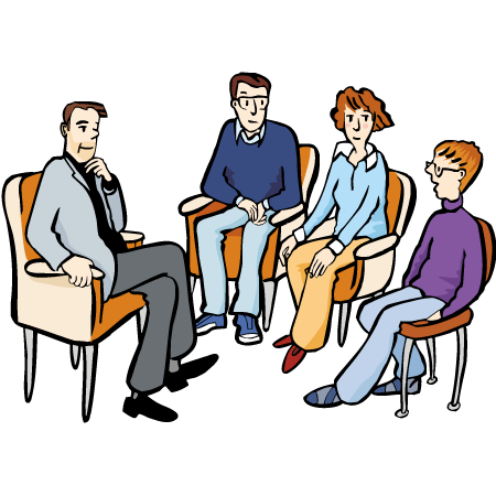 Jemand aus einer Familie braucht Hilfe. Alle gehen zusammen zu einer Beratung.